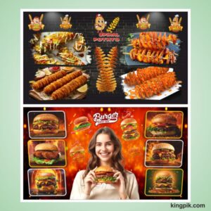 Berger and spiral potato Restaurant wall flex design cdr file
